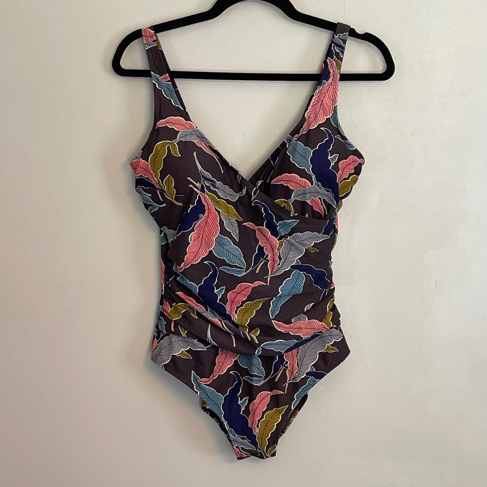 Boden Womens Tropical Leaf Ruched Wrap One Piece Swimsuit Grey Pink US 10R WS052